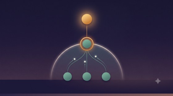 On a deep indigo field, a centred two-level delegation tree: a glowing amber authority node at the top connects down to an orchestrator node — teal, ringed in amber — which fans three threads to a row of three teal worker nodes, all held inside a soft luminous dome. A few bright nodes drift up the threads toward the orchestrator, suggesting findings returning.