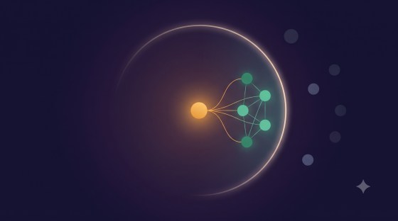 On a deep indigo field, a single glowing amber node — an authority — fans thin amber threads to a small cluster of five interconnected teal "agent" nodes, all held inside a soft luminous ring that reads as a calm boundary. Beyond the ring, a few dim blue-grey nodes sit out of reach, suggesting agents owned by someone else.