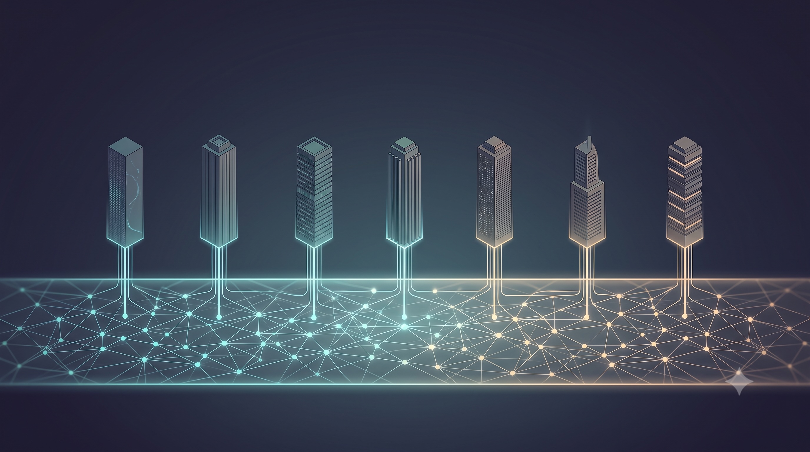 Seven isometric towers of different designs rising from a single glowing teal-to-amber network layer, each linked down into it — depicting many orchestrators sharing one governed memory substrate.
