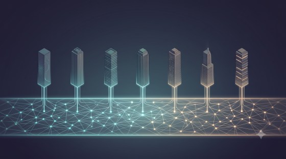 Seven isometric towers of different designs rising from a single glowing teal-to-amber network layer, each linked down into it — depicting many orchestrators sharing one governed memory substrate.