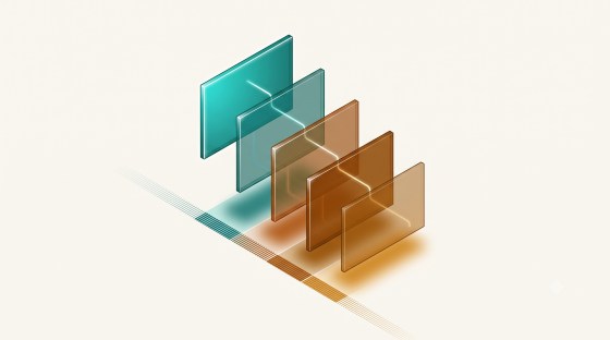 Five translucent isometric panels receding from bright teal to deep amber, linked in a single chain above a teal-to-amber timeline band — the current belief and its retired predecessors, preserved not deleted.