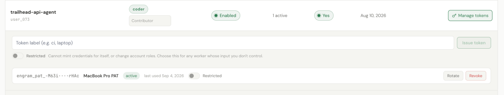 Screenshot of an application interface displaying a user token management section with options to issue, rotate, and revoke tokens for a 'MacBook Pro PAT'.