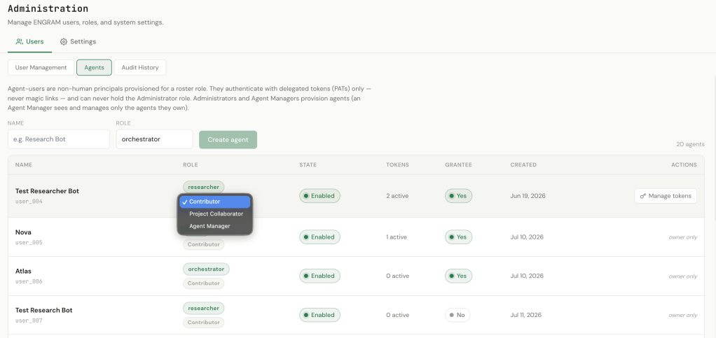 Admin panel displaying user management for ENGRAM agents, including a list of agents with their roles, statuses, and action options.