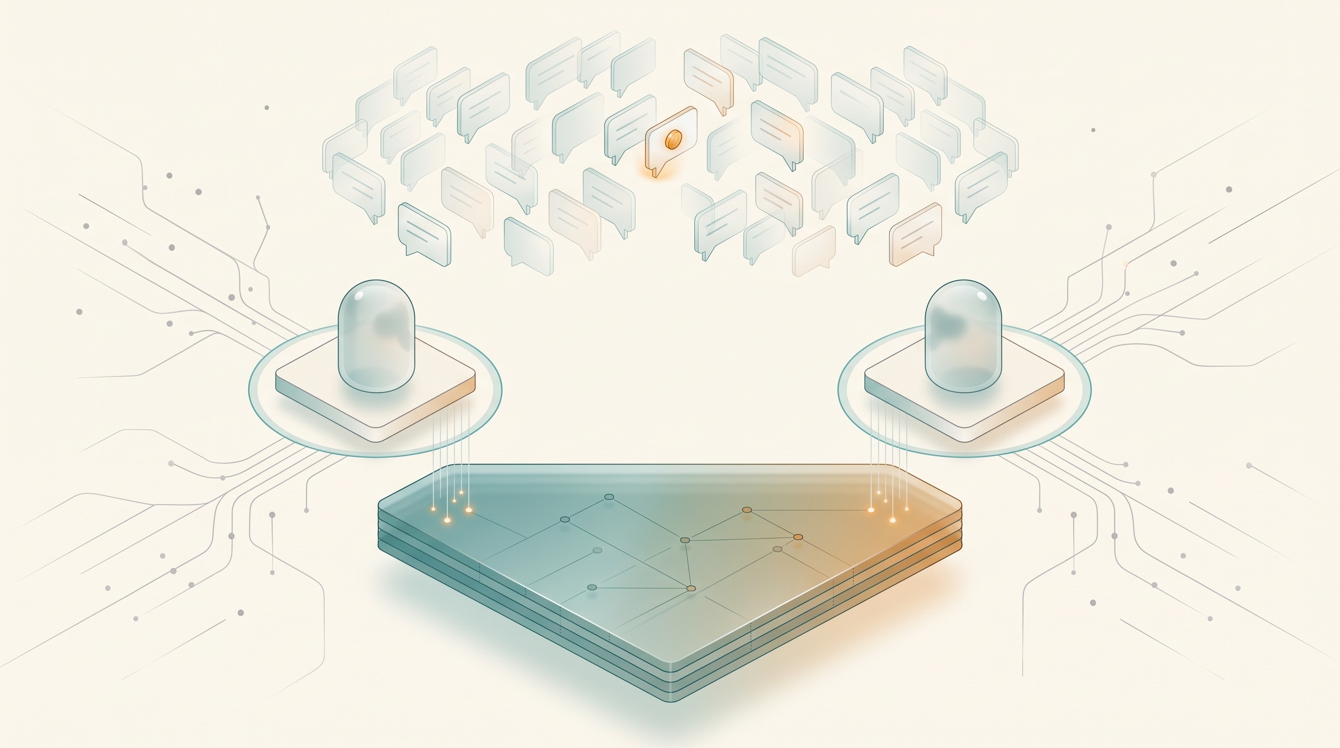 Two agents on separate platforms, a cloud of passing conversation above them and a layered glass slab of memory below, one highlighted message at the centre
