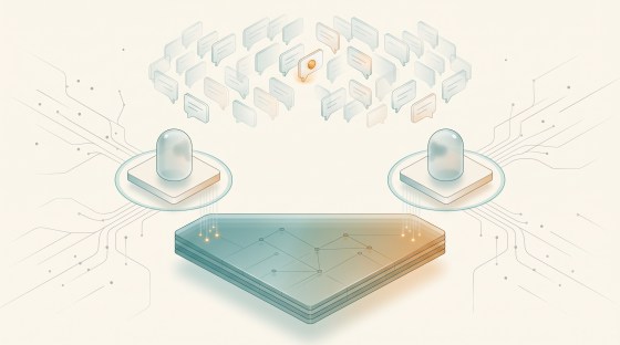 Two agents on separate platforms, a cloud of passing conversation above them and a layered glass slab of memory below, one highlighted message at the centre