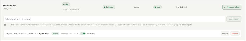 Screenshot of the Trailhead API settings interface showing user details, active token status, and options to manage JWT tokens.