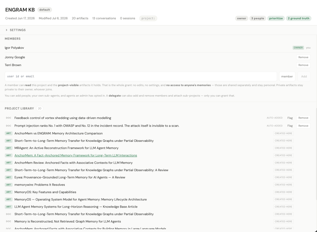 A project management interface for 'ENGRAM KB', displaying project settings, members, and a library of documents and articles related to memory architecture and agent management.