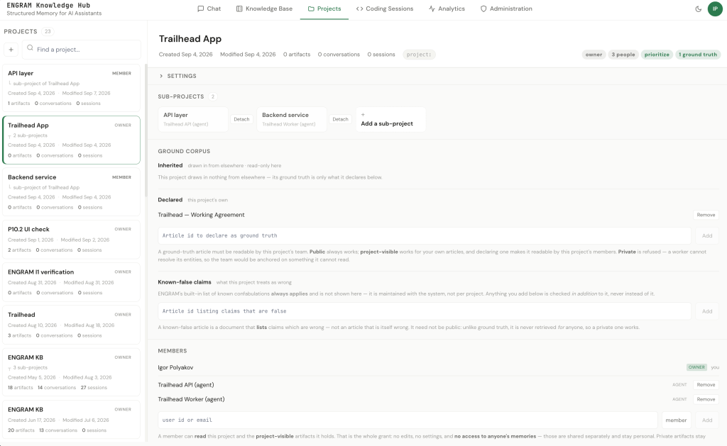 Screenshot of the Trailhead App project management interface showing various projects, settings, sub-projects, and member information.