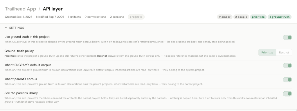 Screenshot of the Trailhead App settings page for the API layer, showing options for ground truth policy and inheritance of corpus.